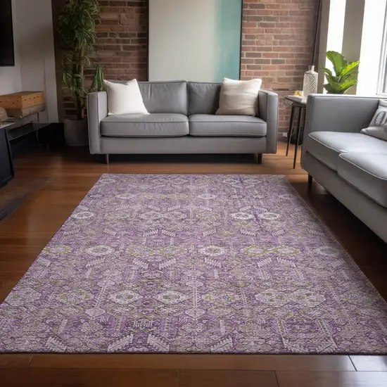 Lavender and Ivory Floral Washable Non Skid Indoor Outdoor Area Rug Photo 9