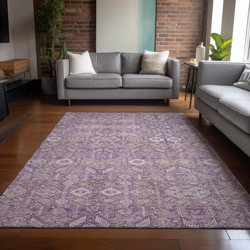 Lavender and Ivory Floral Washable Non Skid Indoor Outdoor Area Rug Photo 9