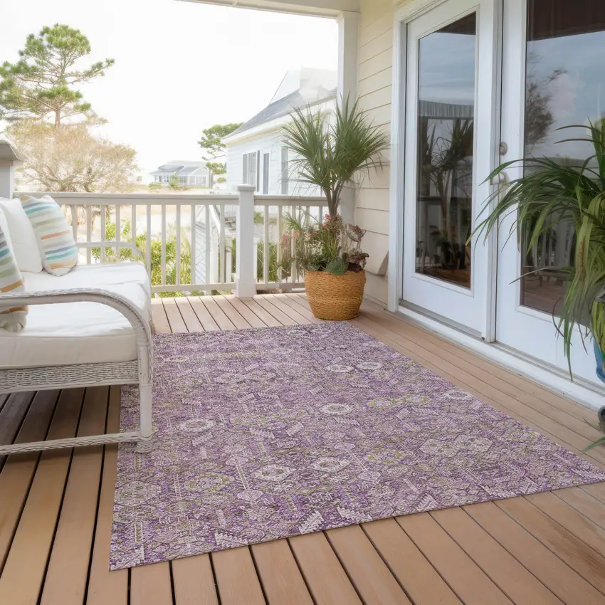 Lavender and Ivory Floral Washable Non Skid Indoor Outdoor Area Rug Photo 8