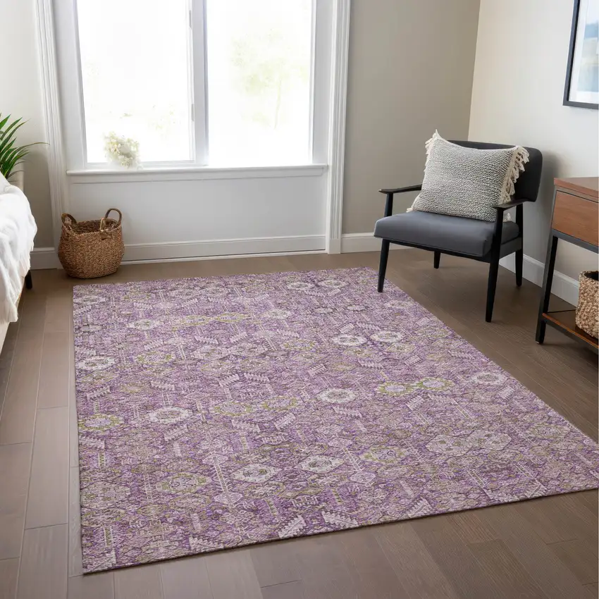 Lavender and Ivory Floral Washable Non Skid Indoor Outdoor Area Rug Photo 9