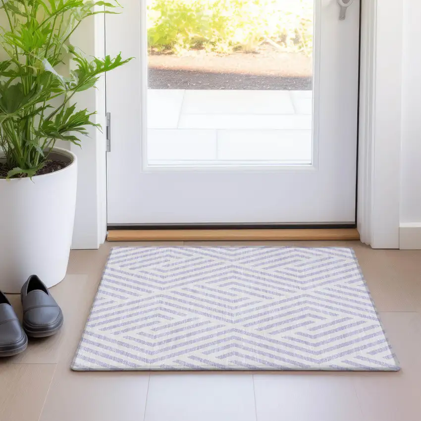 Lavender and Ivory Geometric Washable Non Skid Indoor Outdoor Area Rug Photo 9