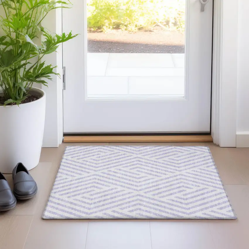 Lavender and Ivory Geometric Washable Non Skid Indoor Outdoor Area Rug Photo 9