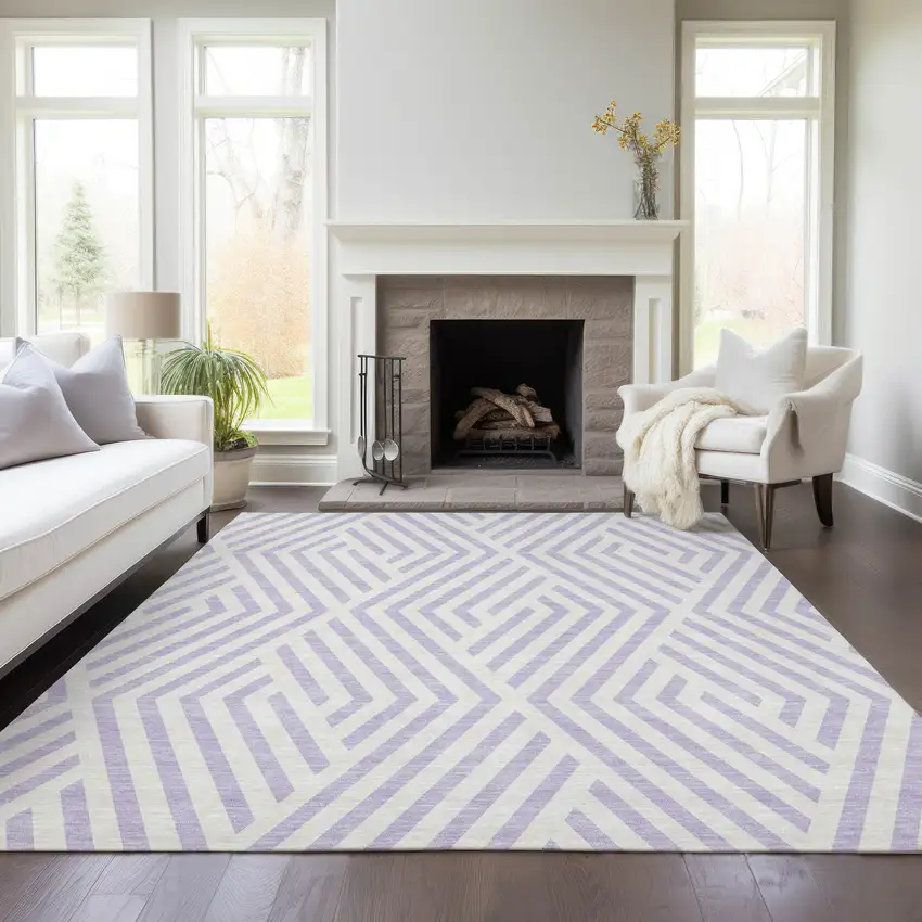 Lavender and Ivory Geometric Washable Non Skid Indoor Outdoor Area Rug Photo 9