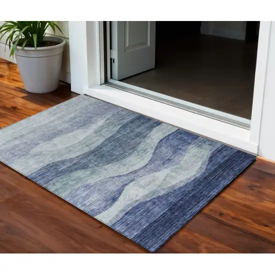 Light Blue And Dark Blue Abstract Washable Indoor Outdoor Area Rug Photo 1