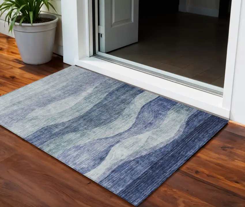 Light Blue And Dark Blue Abstract Washable Indoor Outdoor Area Rug Photo 1