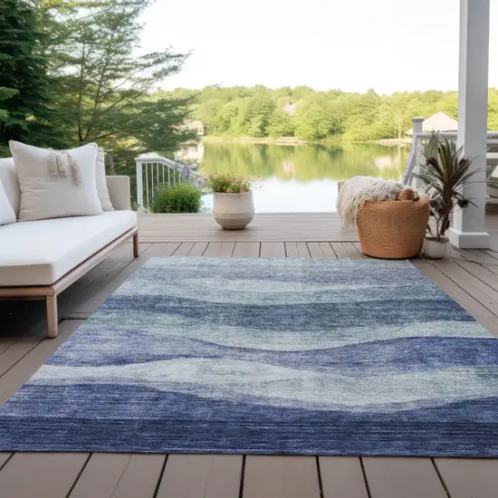 Light Blue And Dark Blue Abstract Washable Indoor Outdoor Area Rug Photo 7