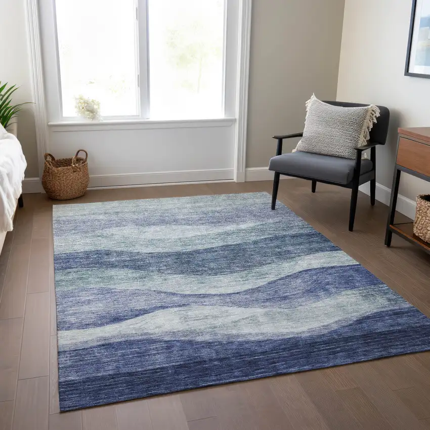 Light Blue And Dark Blue Abstract Washable Indoor Outdoor Area Rug Photo 9