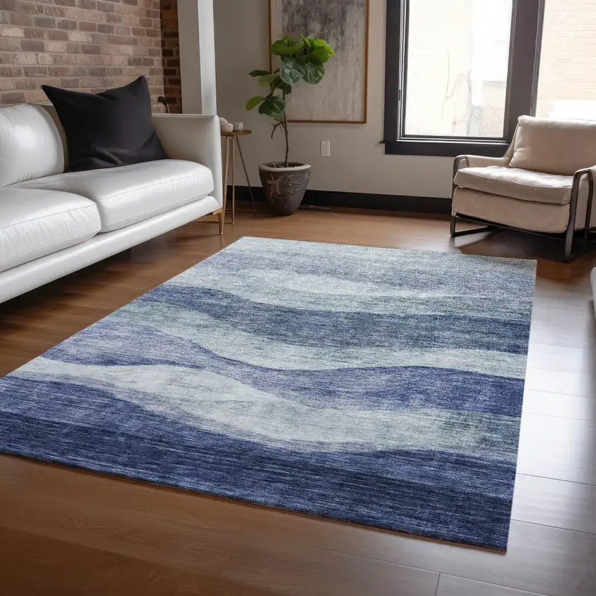 Light Blue And Dark Blue Abstract Washable Indoor Outdoor Area Rug Photo 8