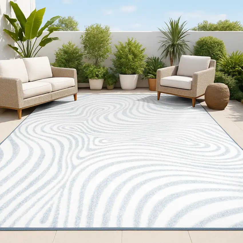 Light Blue And Ivory Abstract Indoor Outdoor Area Rug Photo 4