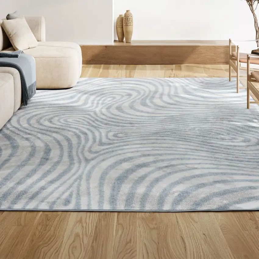 Light Blue And Ivory Abstract Indoor Outdoor Area Rug Photo 5