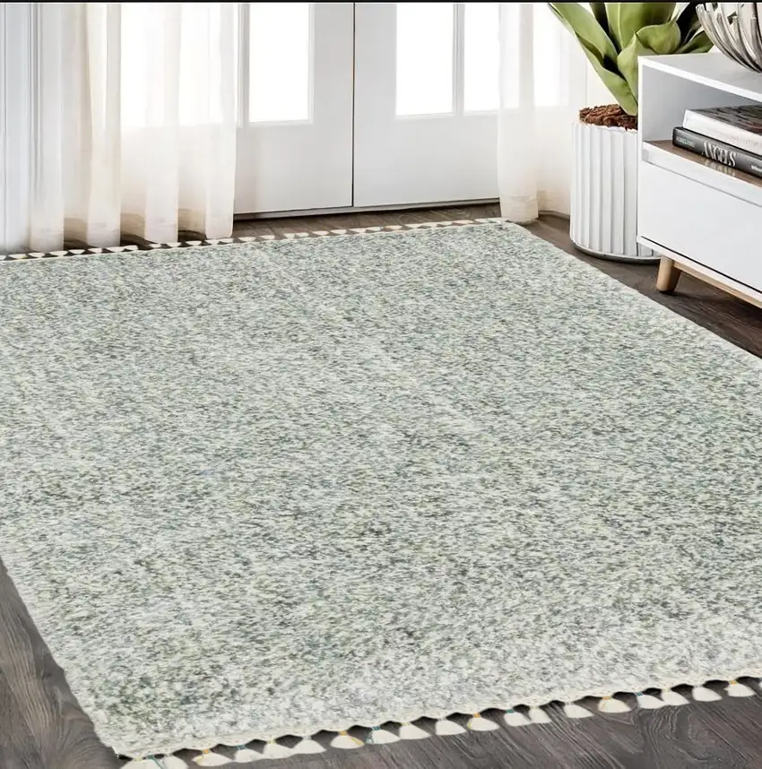 Light Blue And Ivory Abstract Shag Area Rug With Fringe Photo 1