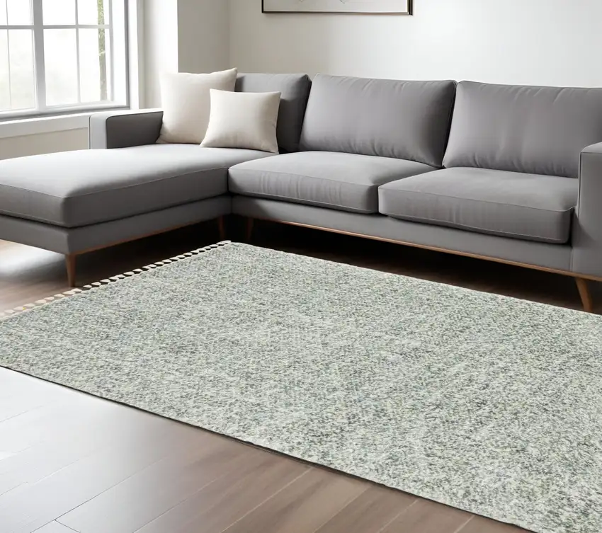Light Blue And Ivory Abstract Shag Area Rug With Fringe Photo 1