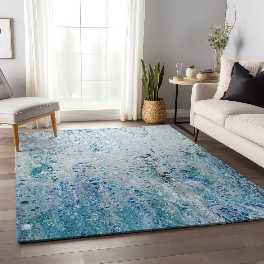 Light Blue And Ivory Abstract Washable Indoor Outdoor Area Rug Photo 7
