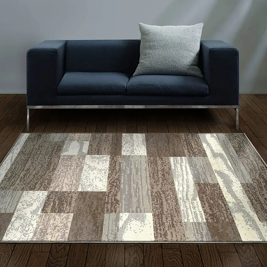 Light Blue And Ivory Patchwork Power Loom Stain Resistant Area Rug Photo 4