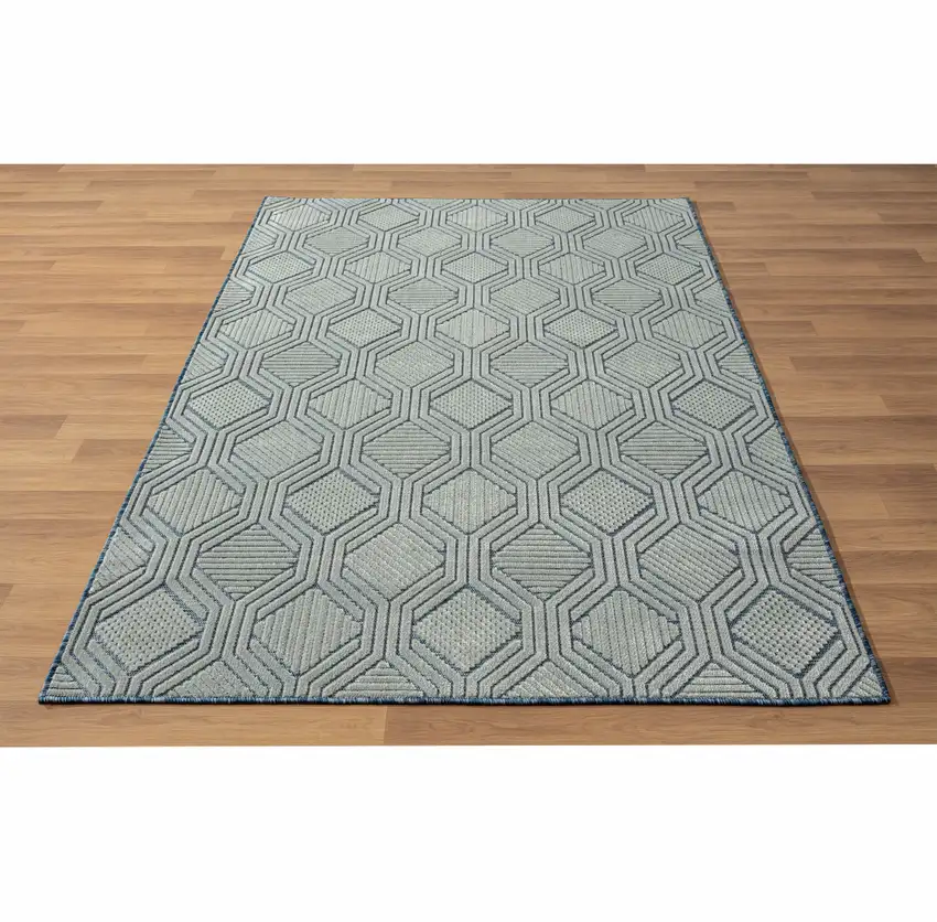 Light Blue And Navy Geometric Stain Resistant Area Rug Photo 7
