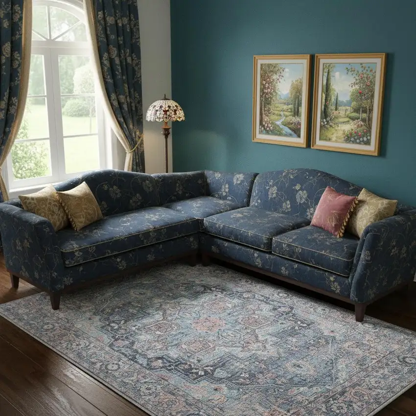 Light Blue And Orange Medallion Distressed Washable Area Rug Photo 1