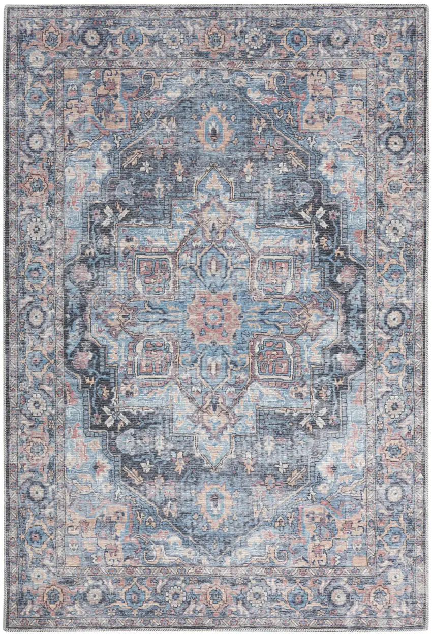 Light Blue And Orange Medallion Distressed Washable Area Rug Photo 2