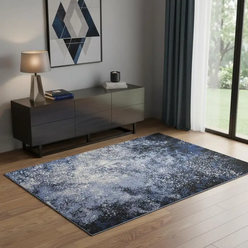 Light Blue Black And Ivory Abstract Non Skid Area Rug Photo 1