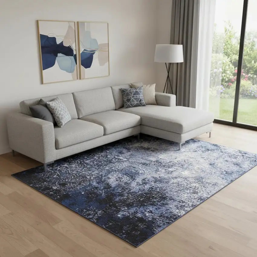 Light Blue Black And Ivory Abstract Non Skid Area Rug Photo 1