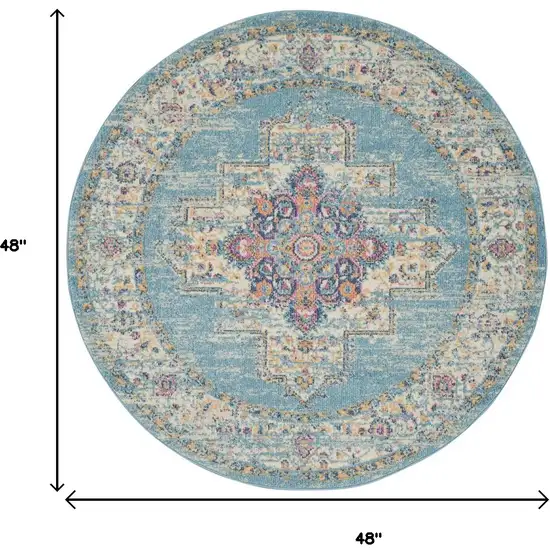 4' Blue And Ivory Southwestern Distressed Round Rug Photo 9