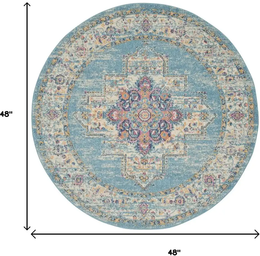 4' Blue And Ivory Southwestern Distressed Round Rug Photo 9