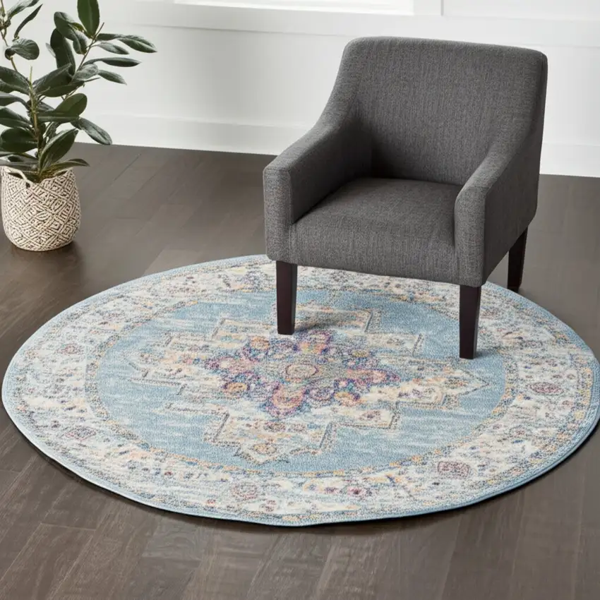 4' Blue And Ivory Southwestern Distressed Round Rug Photo 2