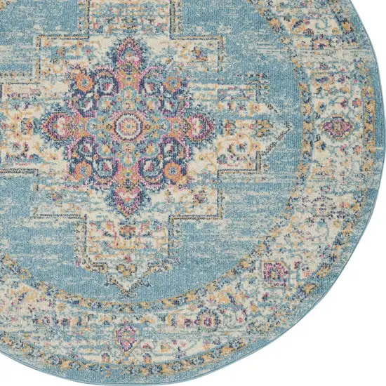 4' Blue And Ivory Southwestern Distressed Round Rug Photo 6