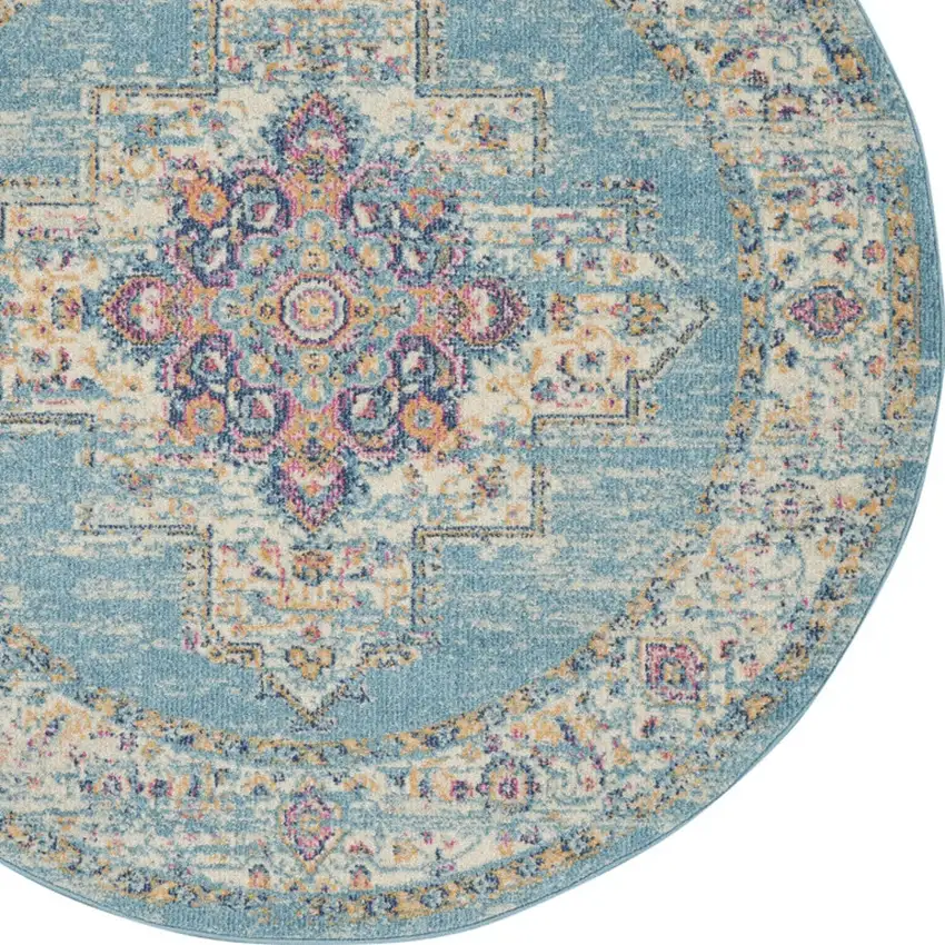 4' Blue And Ivory Southwestern Distressed Round Rug Photo 6