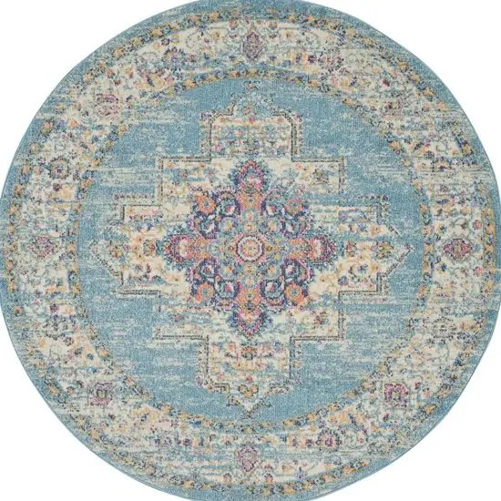 4' Blue And Ivory Southwestern Distressed Round Rug Photo 3