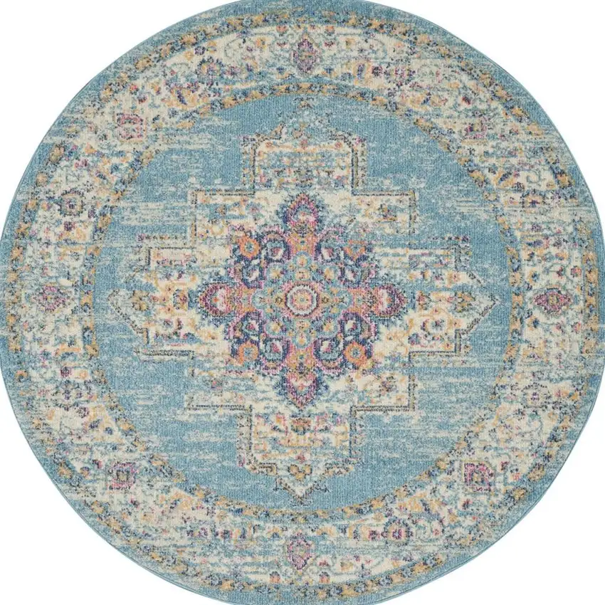 4' Blue And Ivory Southwestern Distressed Round Rug Photo 3