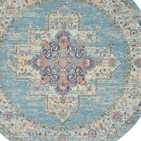 4' Blue And Ivory Southwestern Distressed Round Rug Photo 1