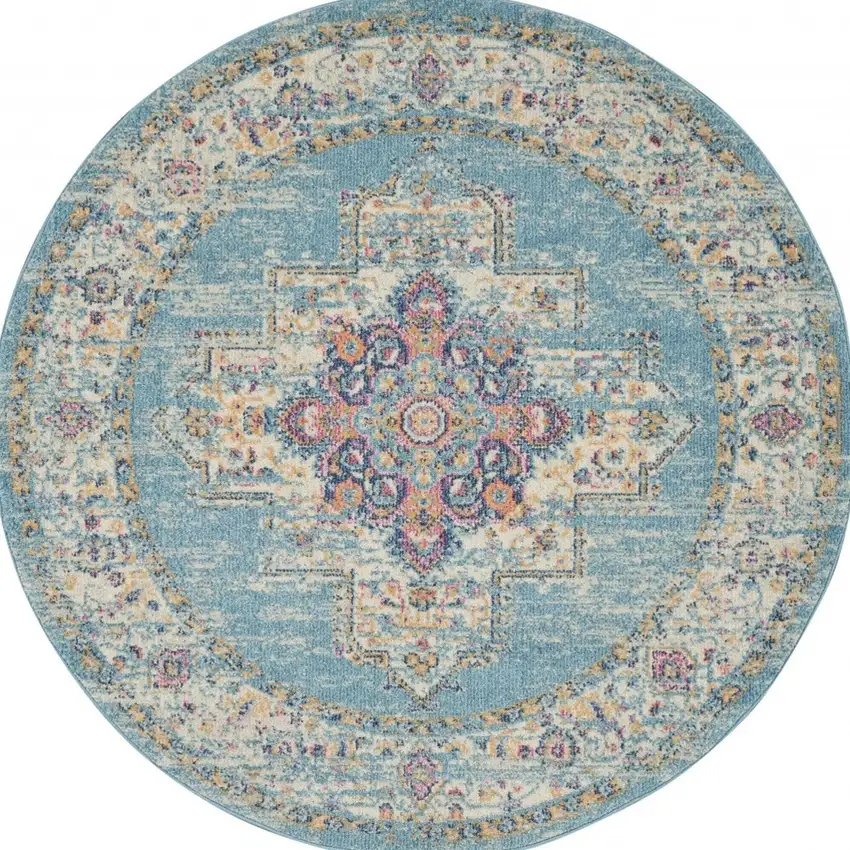 Light Blue Distressed Medallion Area Rug Photo 9