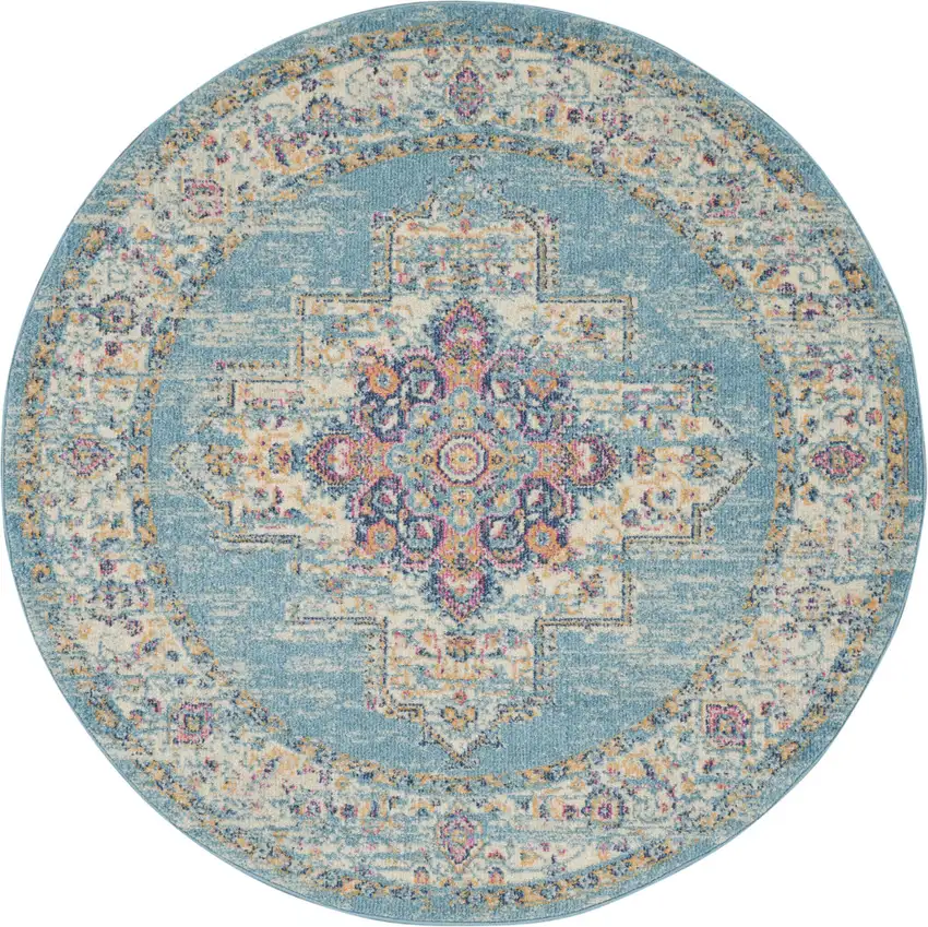 4' Blue And Ivory Southwestern Distressed Round Rug Photo 2