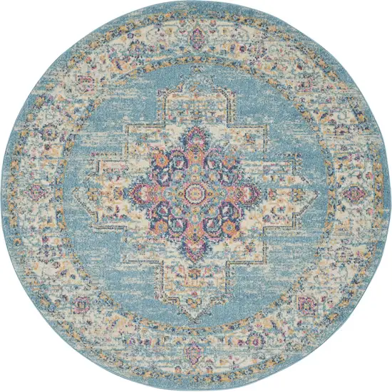 4' Blue And Ivory Southwestern Distressed Round Rug Photo 2