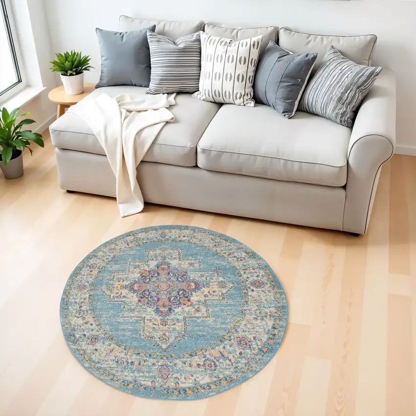4' Blue And Ivory Southwestern Distressed Round Rug Photo 2