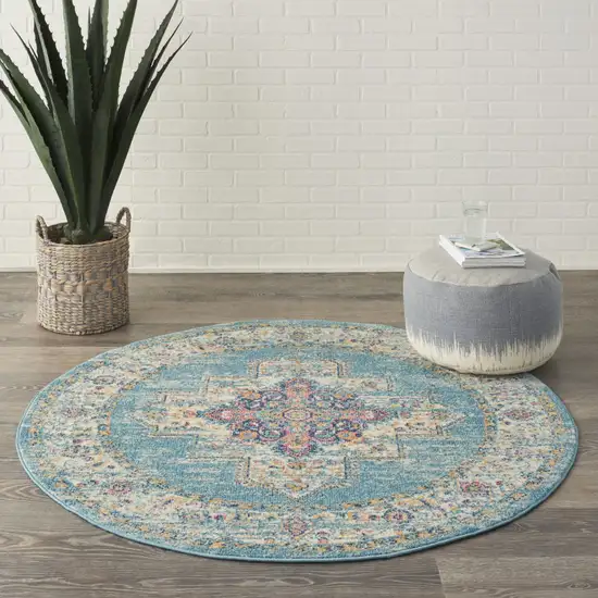 4' Blue And Ivory Southwestern Distressed Round Rug Photo 5