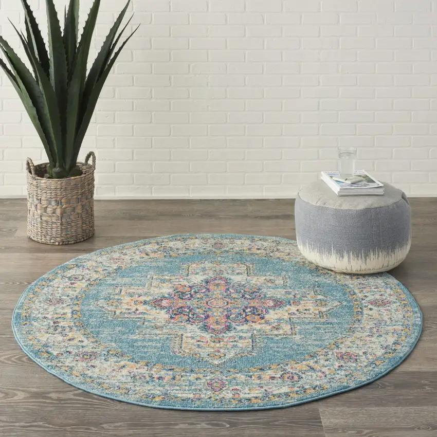 4' Blue And Ivory Southwestern Distressed Round Rug Photo 5