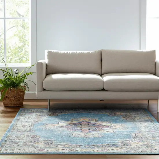Blue And Ivory Southwestern Distressed Area Rug Photo 2