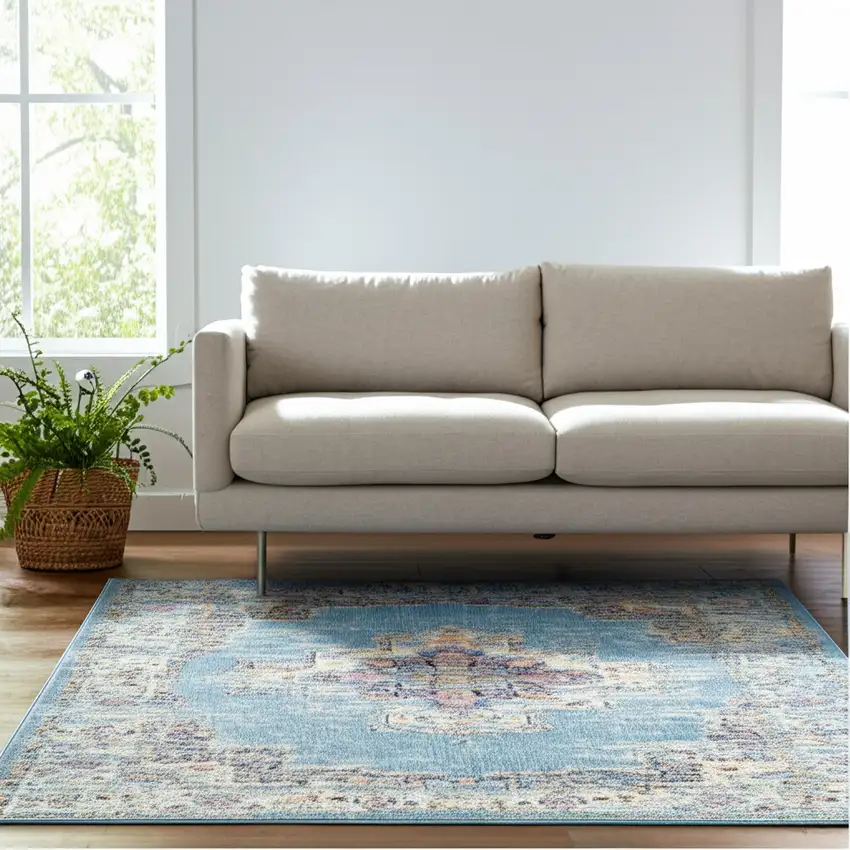 Blue And Ivory Southwestern Distressed Area Rug Photo 2