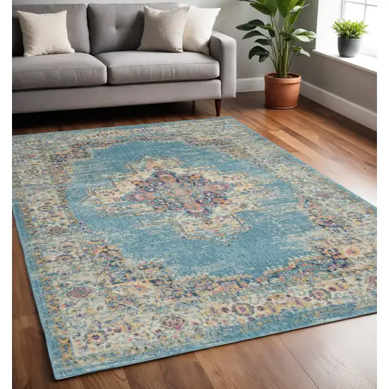 Blue And Ivory Southwestern Distressed Area Rug Photo 2