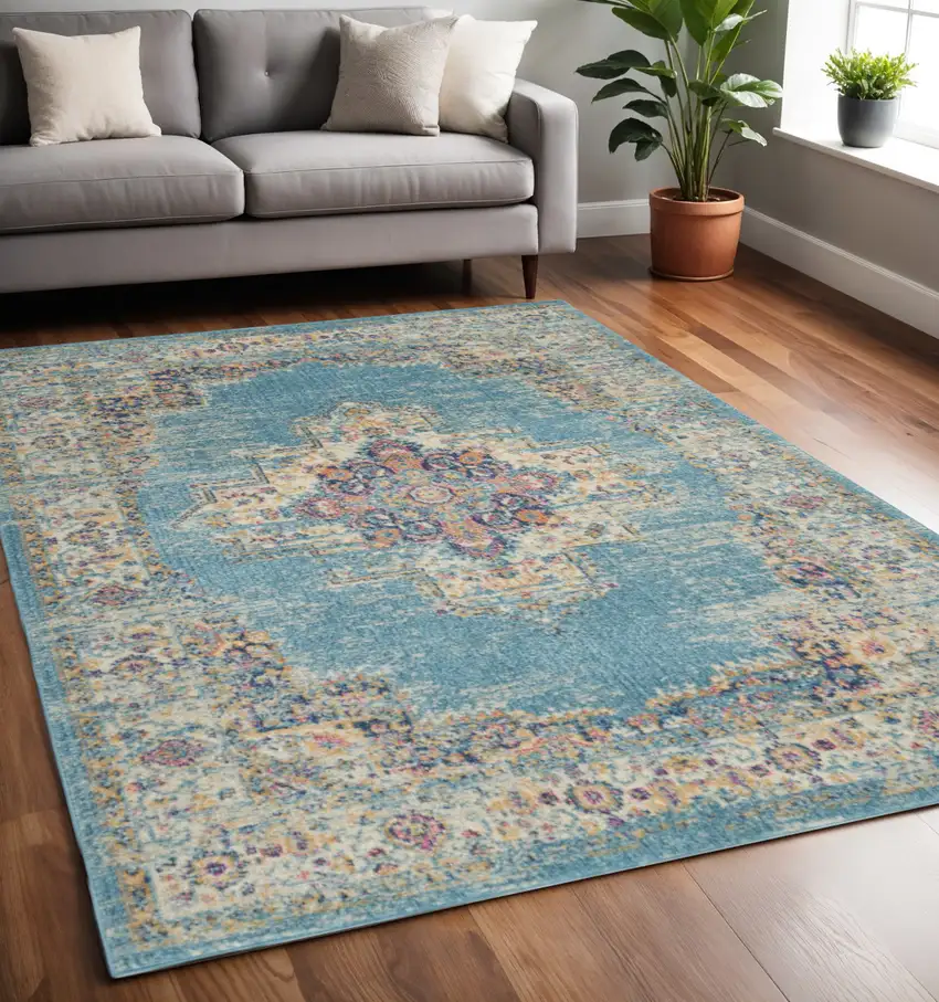 Blue And Ivory Southwestern Distressed Area Rug Photo 2