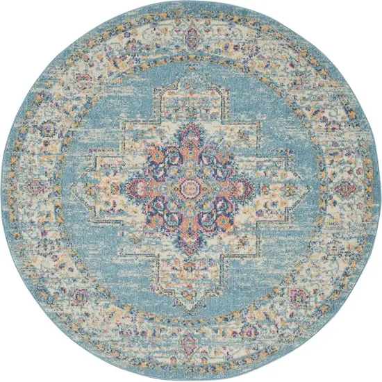 5' Blue And Ivory Southwestern Distressed Round Rug Photo 3