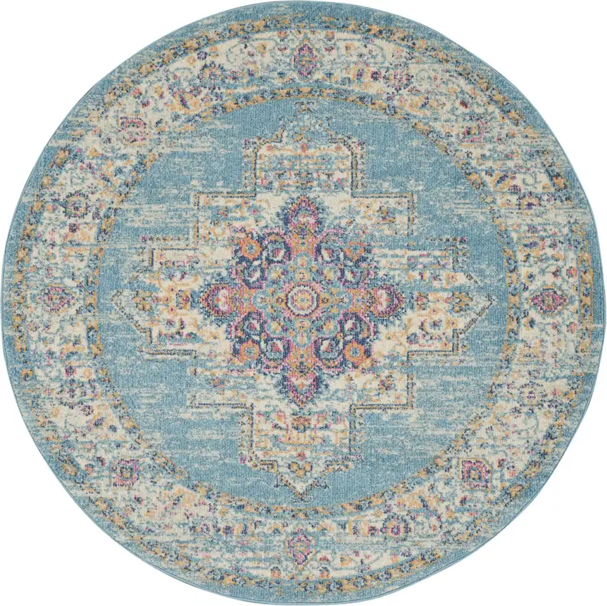 5' Blue And Ivory Southwestern Distressed Round Rug Photo 3