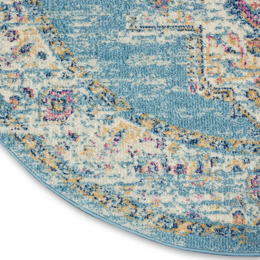 5' Blue And Ivory Southwestern Distressed Round Rug Photo 9