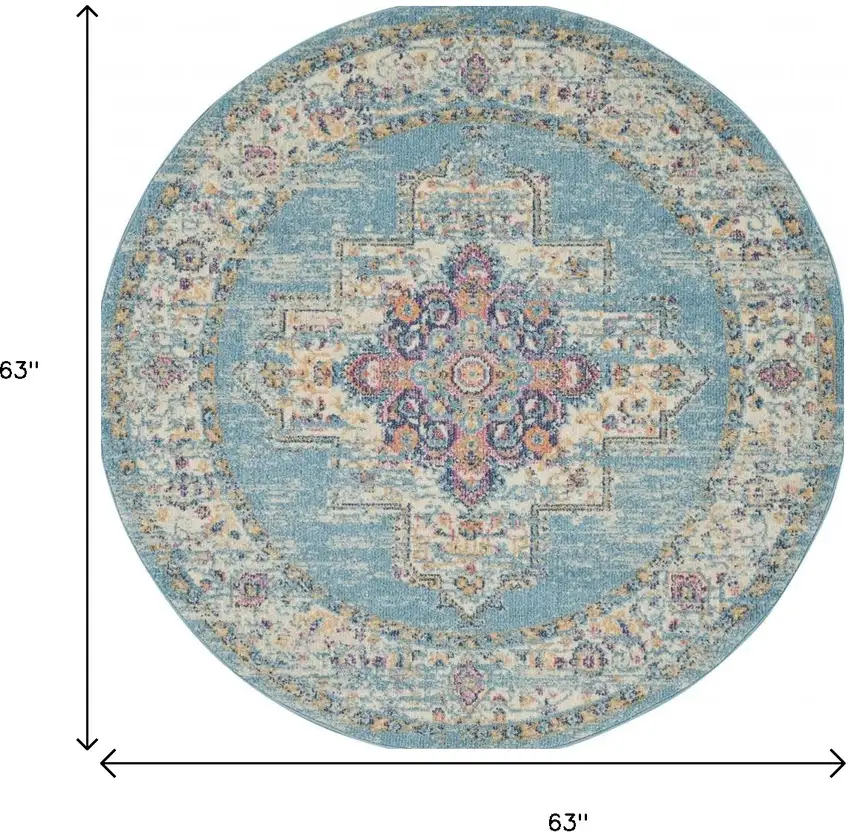 5' Blue And Ivory Southwestern Distressed Round Rug Photo 9