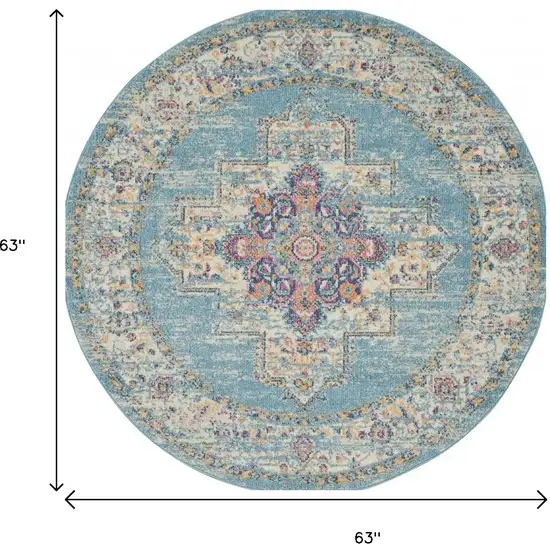 5' Blue And Ivory Southwestern Distressed Round Rug Photo 9