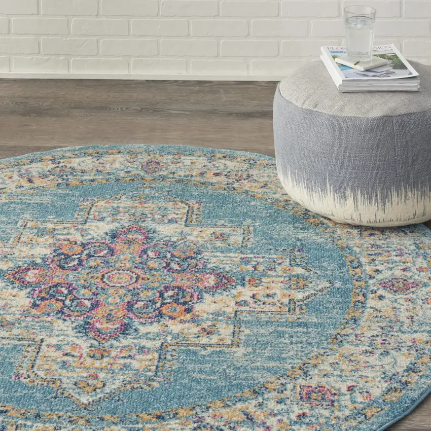 5' Blue And Ivory Southwestern Distressed Round Rug Photo 9