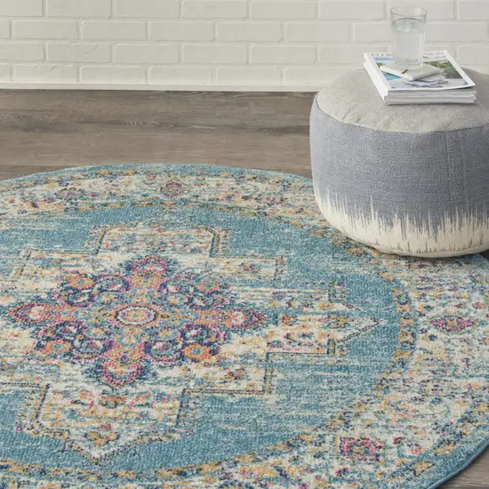 5' Blue And Ivory Southwestern Distressed Round Rug Photo 9