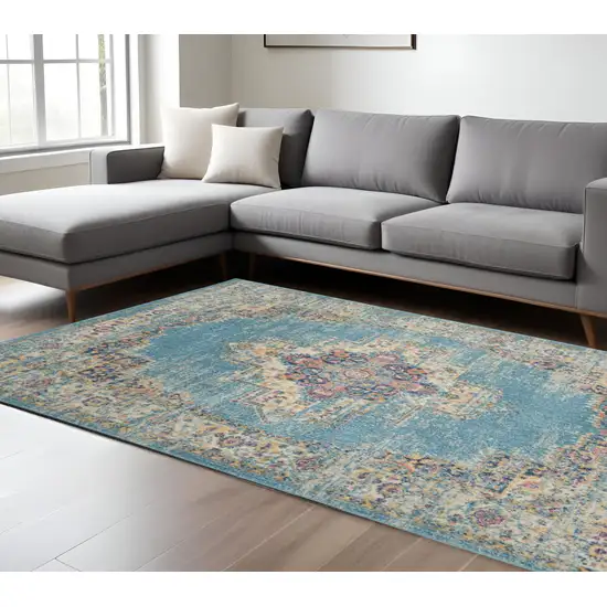 Blue And Ivory Medallion Distressed Area Rug Photo 2