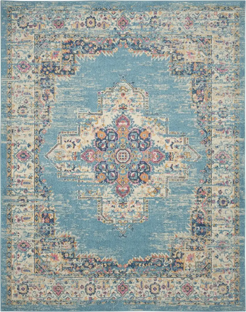 Blue And Ivory Medallion Distressed Area Rug Photo 9